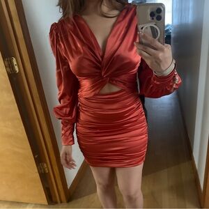 Satin Ruched Mini Dress | Burnt Orange | Long Sleeve | Bodycon | Size S